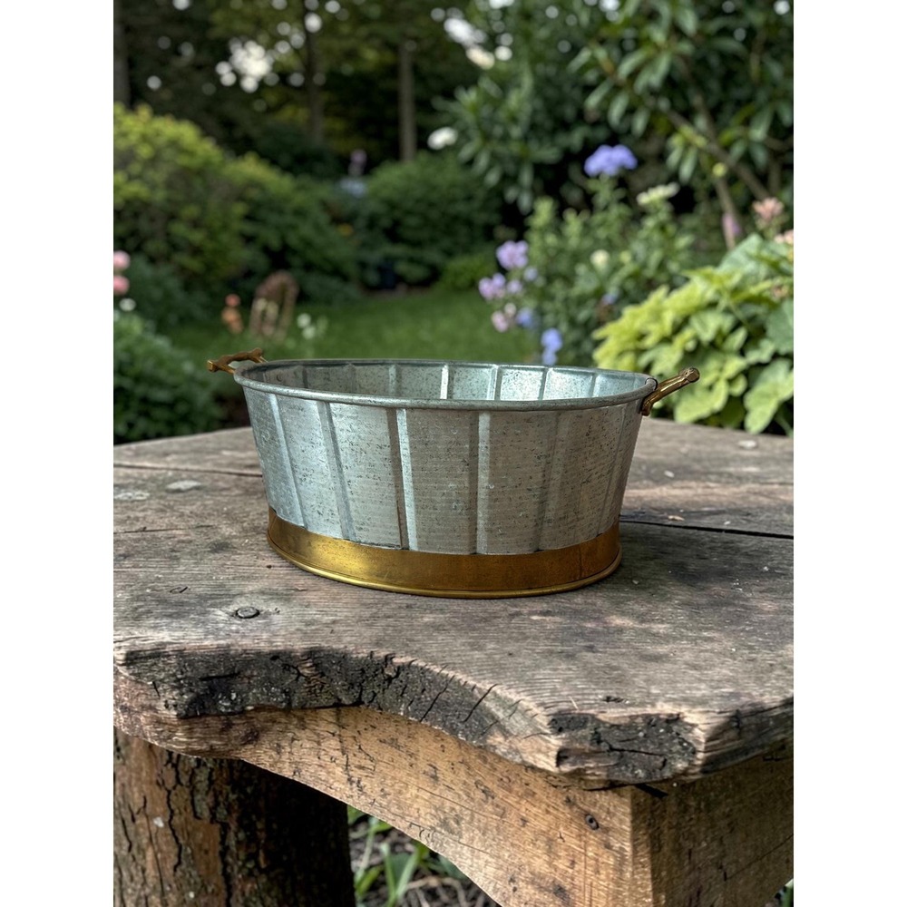 Vintage Galvanized Planter With Brass Handles – Farmhouse Indoor Outdoor Pot